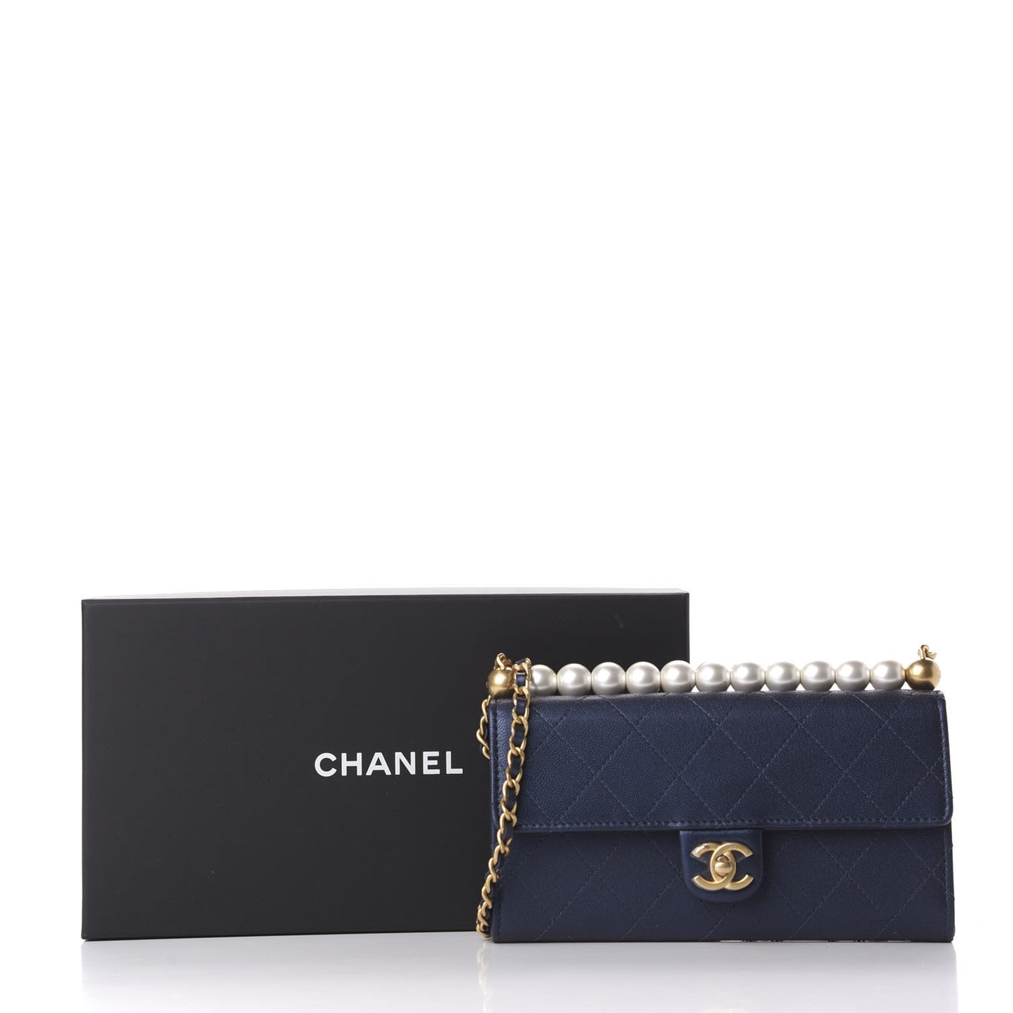 Iridescent Lambskin Quilted Chic Pearls Clutch With Chain Blue