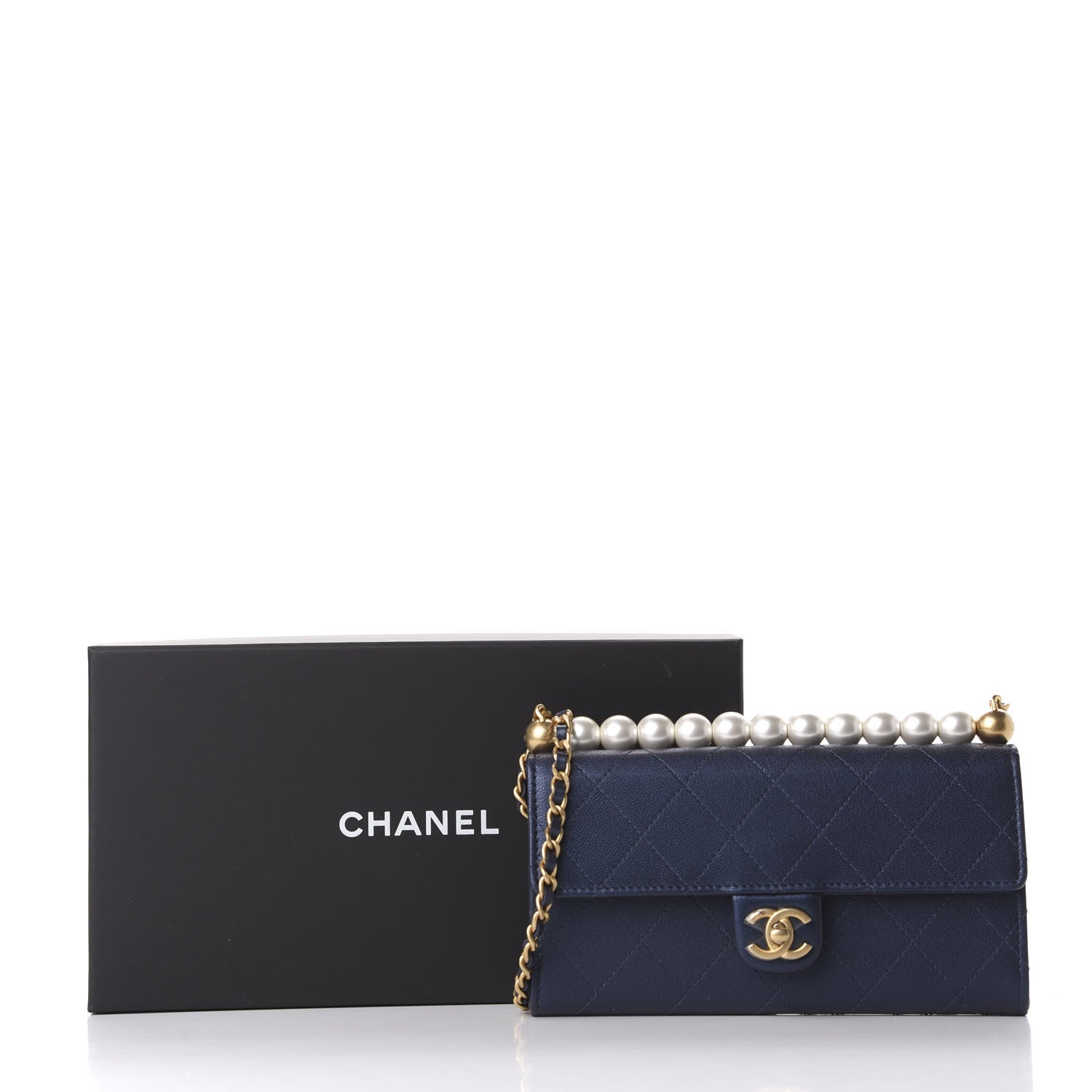 Chanel Iridescent Lambskin Quilted Chic Pearls Clutch With Chain Blue 12 of 12