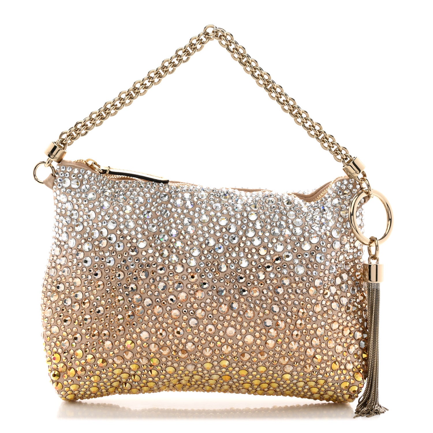 Jimmy Choo Satin Crystal Embellished Callie Tasseled Clutch Gold 1 of 10