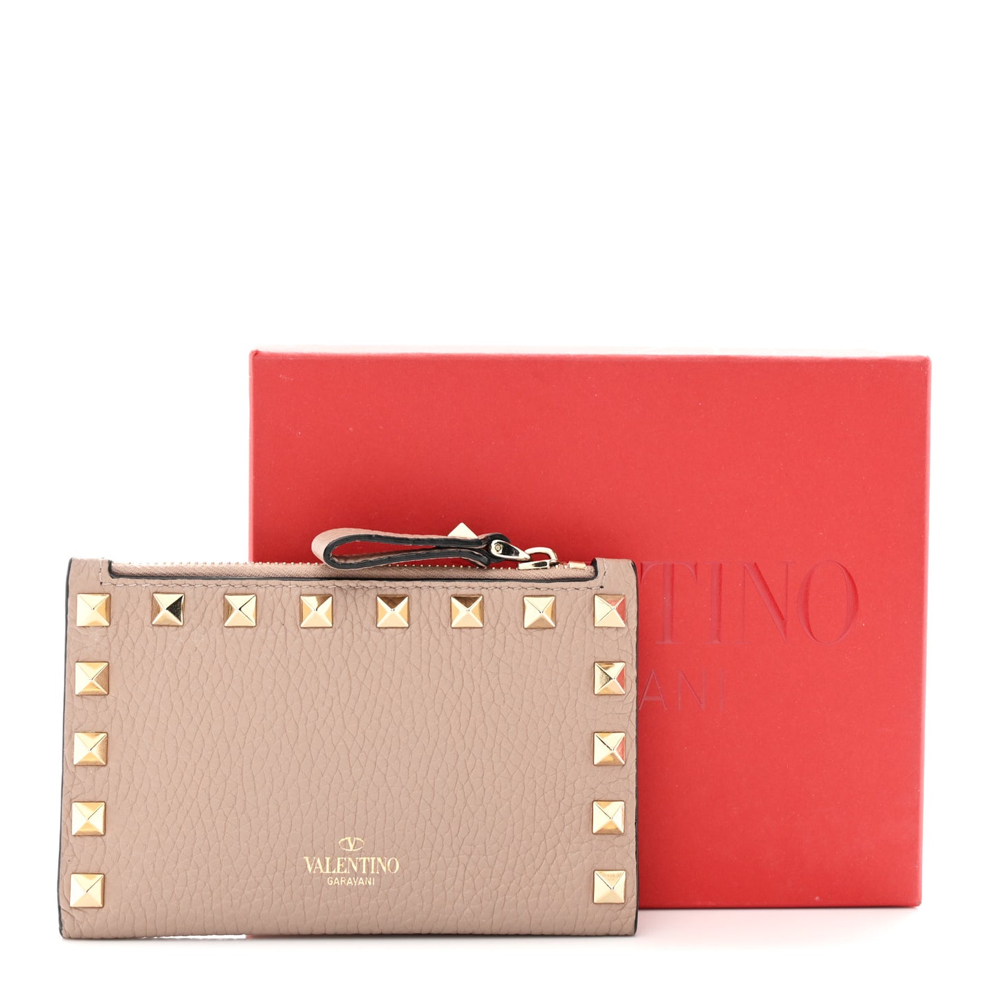 Grainy Calfskin Rockstud Coin Purse Card Holder Poudre