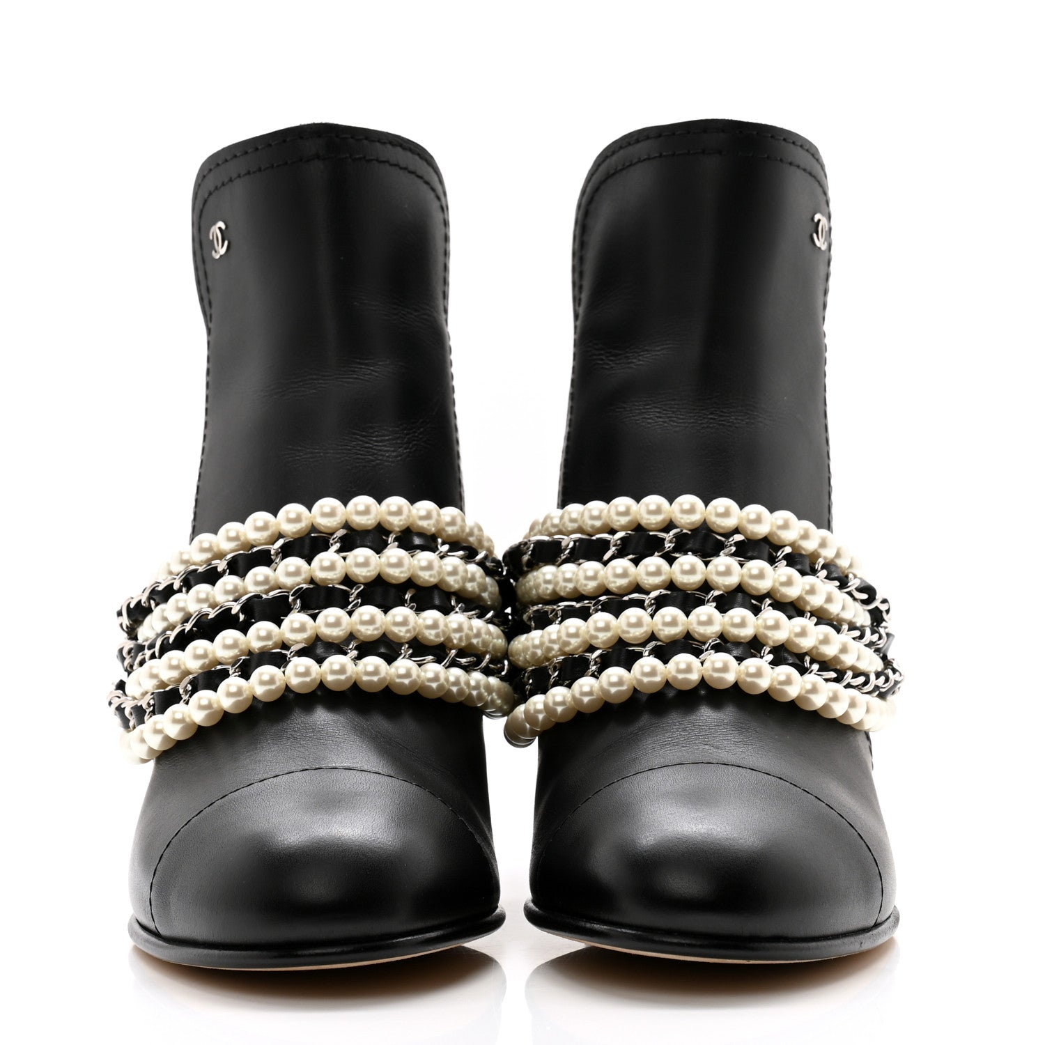 Chanel Calfskin Pearl Cap Toe Short Boots 36.5 Black 2 of 12