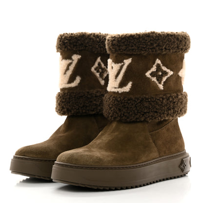 Louis Vuitton Suede Calfskin Shearling Snowdrop Flat Ankle Boot 39 Khaki 3 of 9