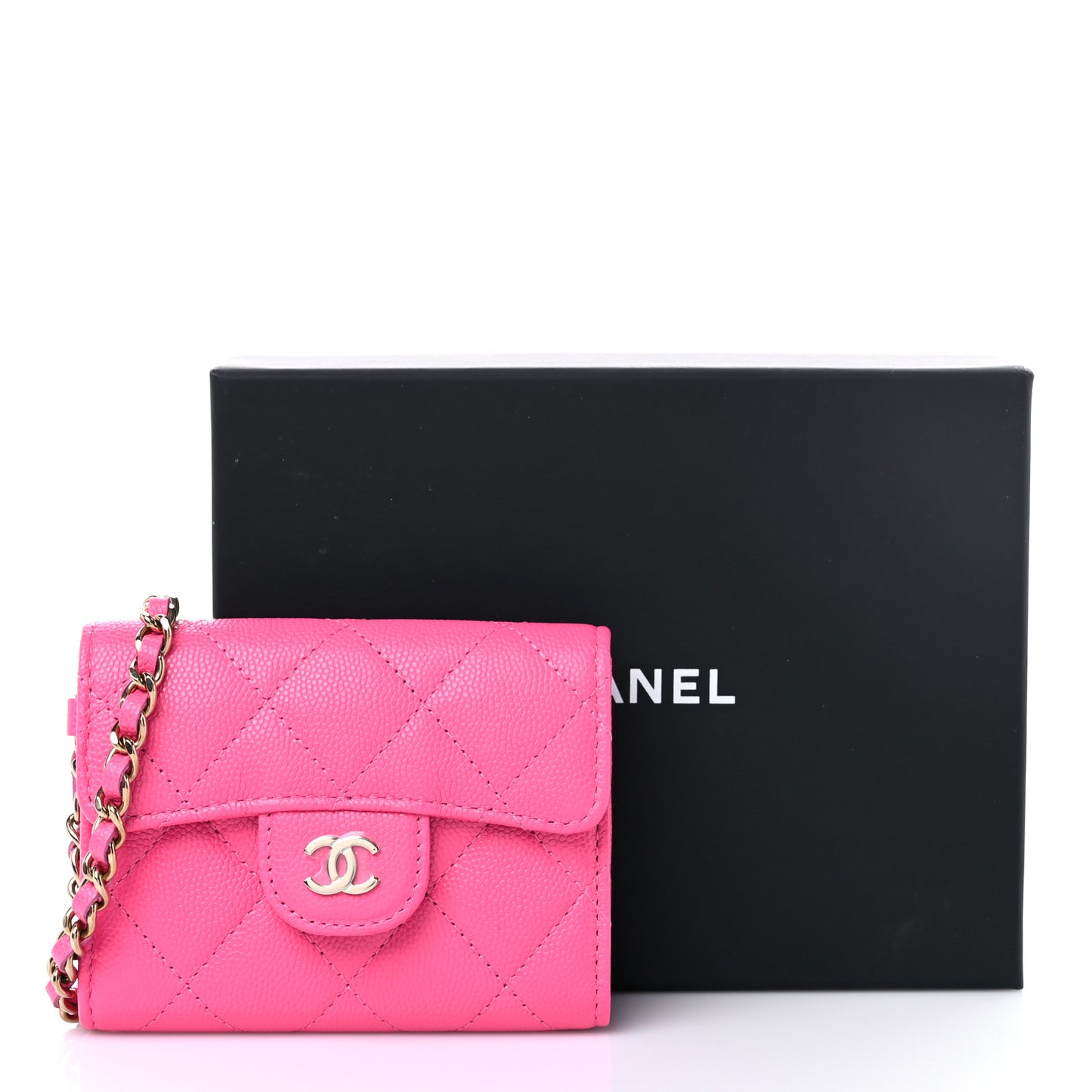 Caviar Quilted Flap Card Holder Chain Wristlet Rose