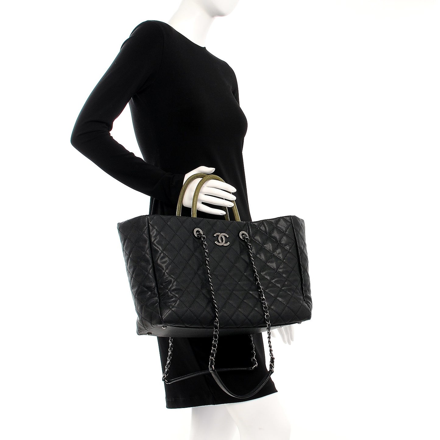 Caviar Lizard Quilted Large Coco Handle Shopping Tote Black