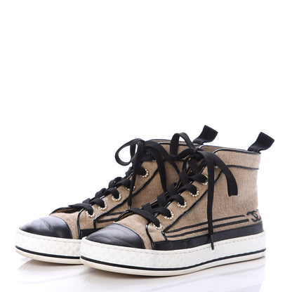 Chanel Fabric Lambskin Lace Up Cap Toe Sneakers 36 Beige Black 3 of 6