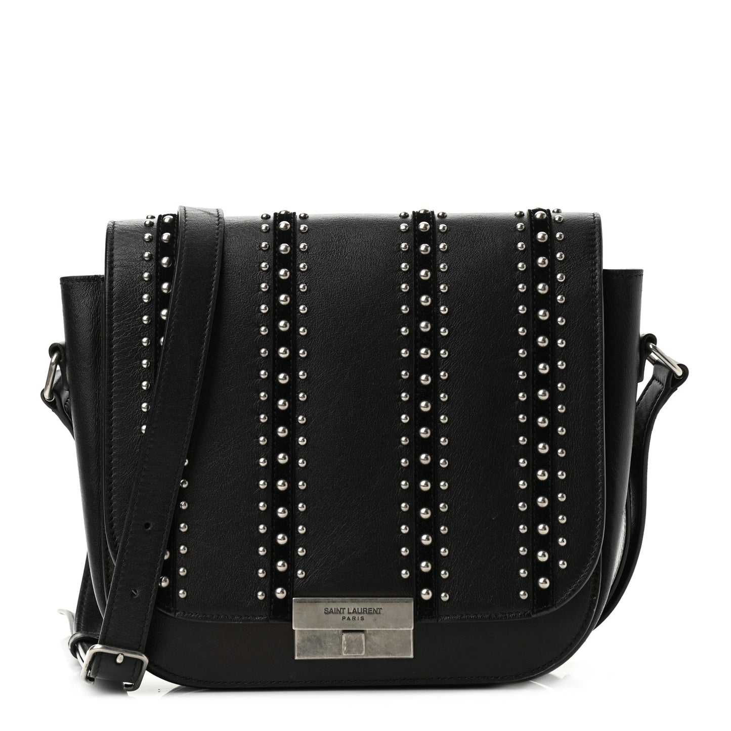 Smooth Calfskin Suede Betty Stud Stripe Flap Messenger Black