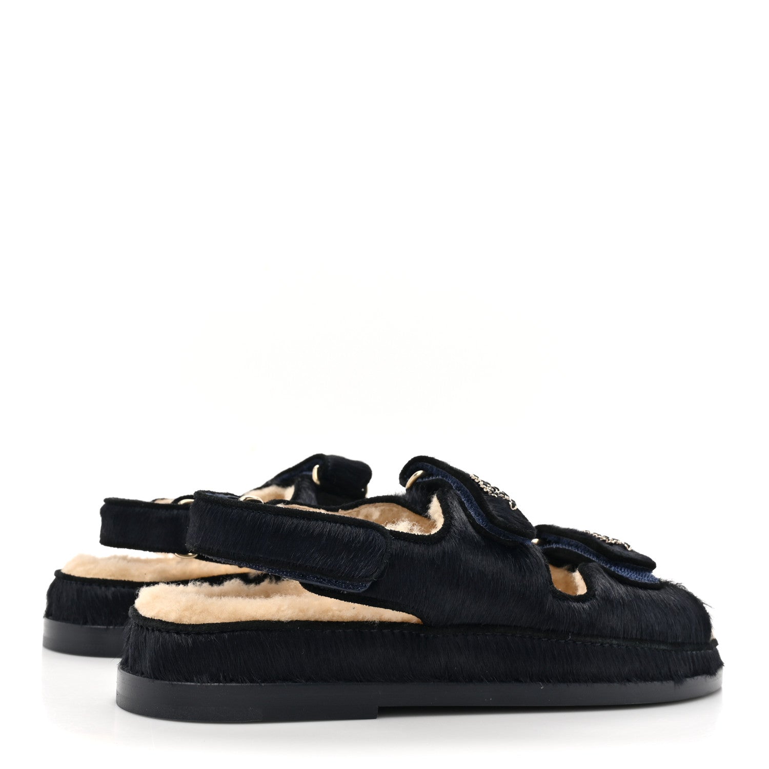 Chanel Calfskin Hair Suede Shearling Dad Sandals 37.5 Navy Black 4 of 9