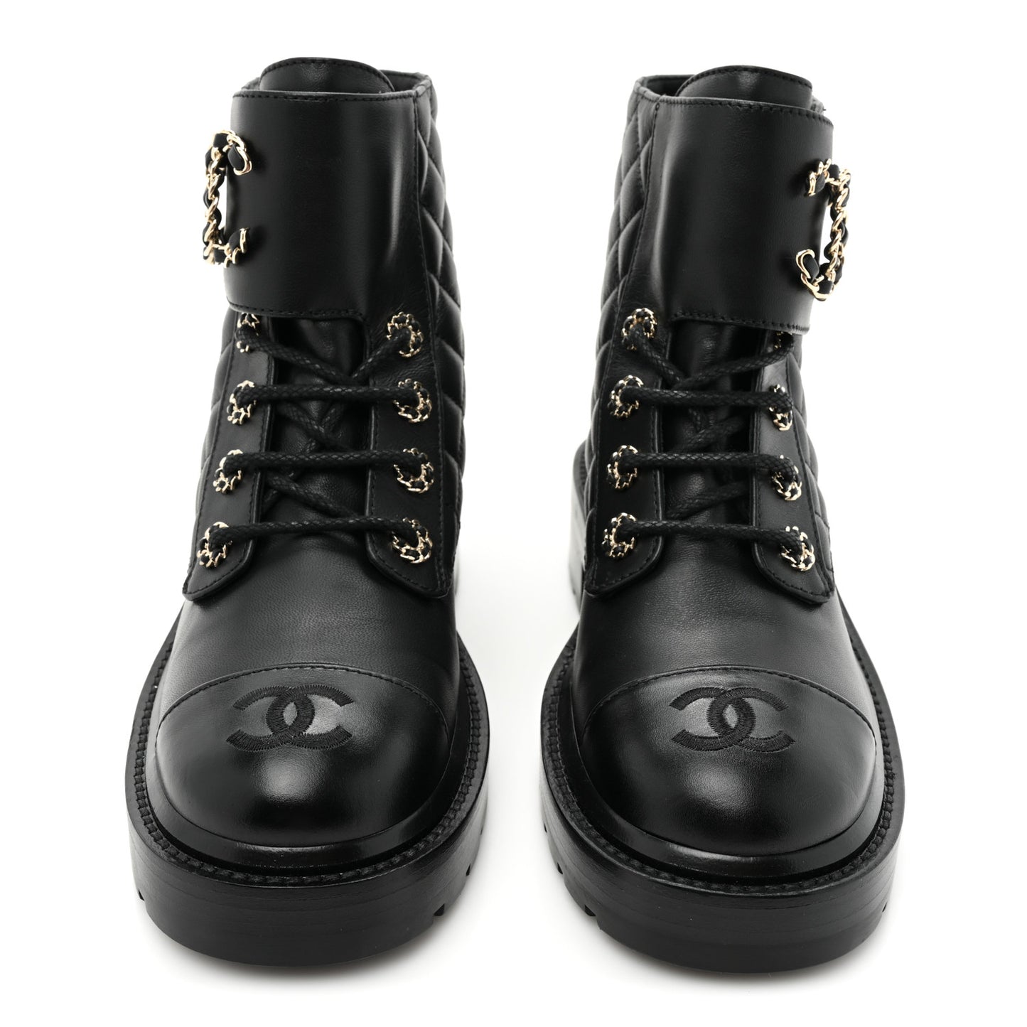 Lambskin Calfskin Quilted Lace Up Combat Boots 36 Black