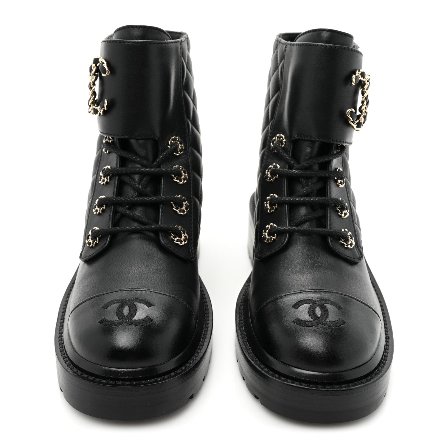 Chanel Lambskin Calfskin Quilted Lace Up Combat Boots 36 Black 2 of 8