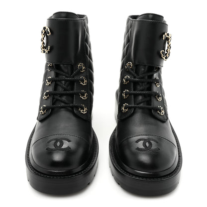 Chanel Lambskin Calfskin Quilted Lace Up Combat Boots 36 Black 2 of 8