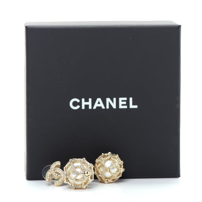 Chanel Crystal Pearl CC Drop Earrings Gold Pearly White 6 of 6