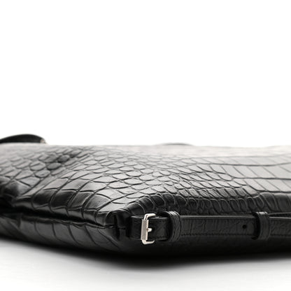 Saint Laurent Calfskin Crocodile Embossed Large Convertible ID Bag Black 9 of 10