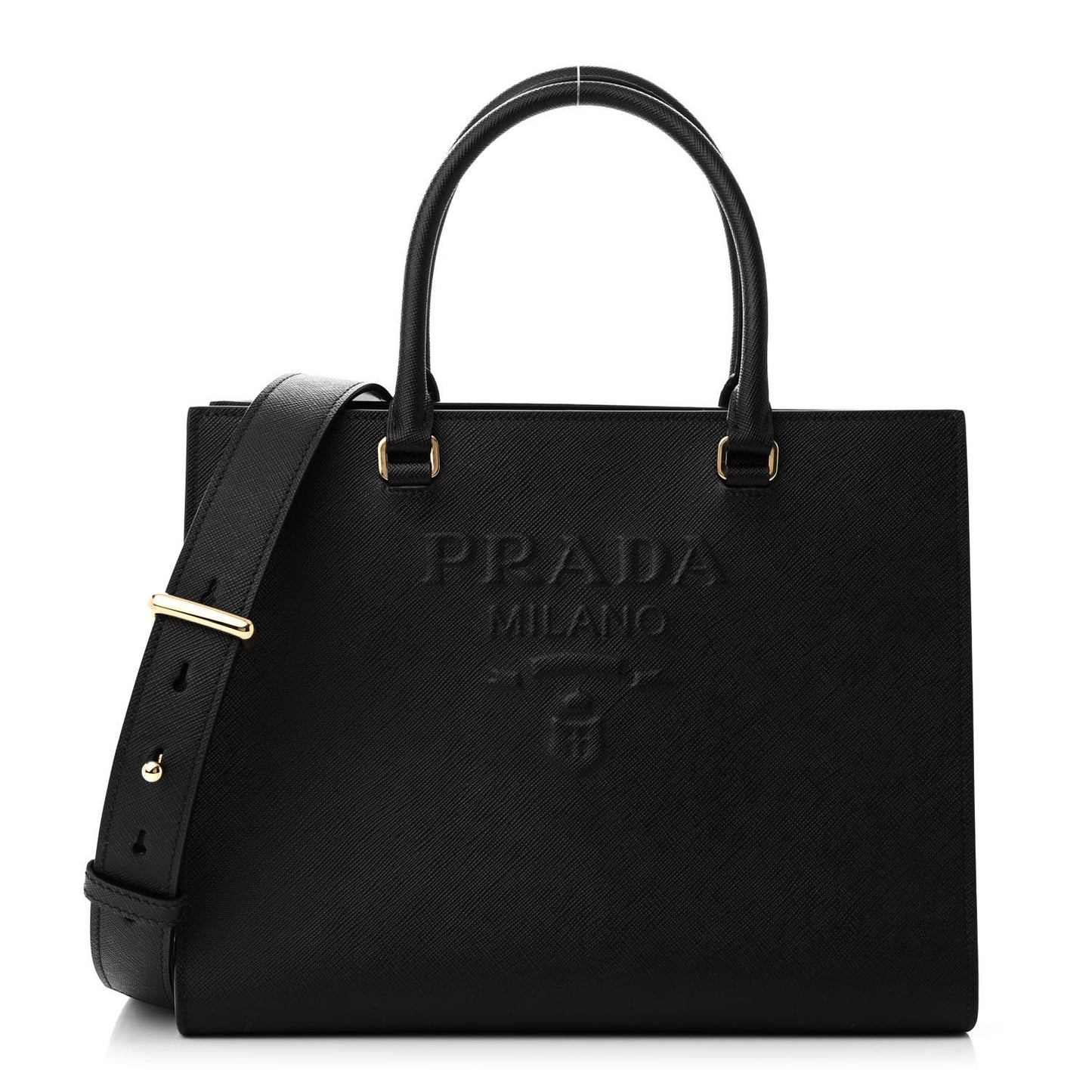 Saffiano Lux Logo Embossed Medium Shoulder Tote Handbag Black