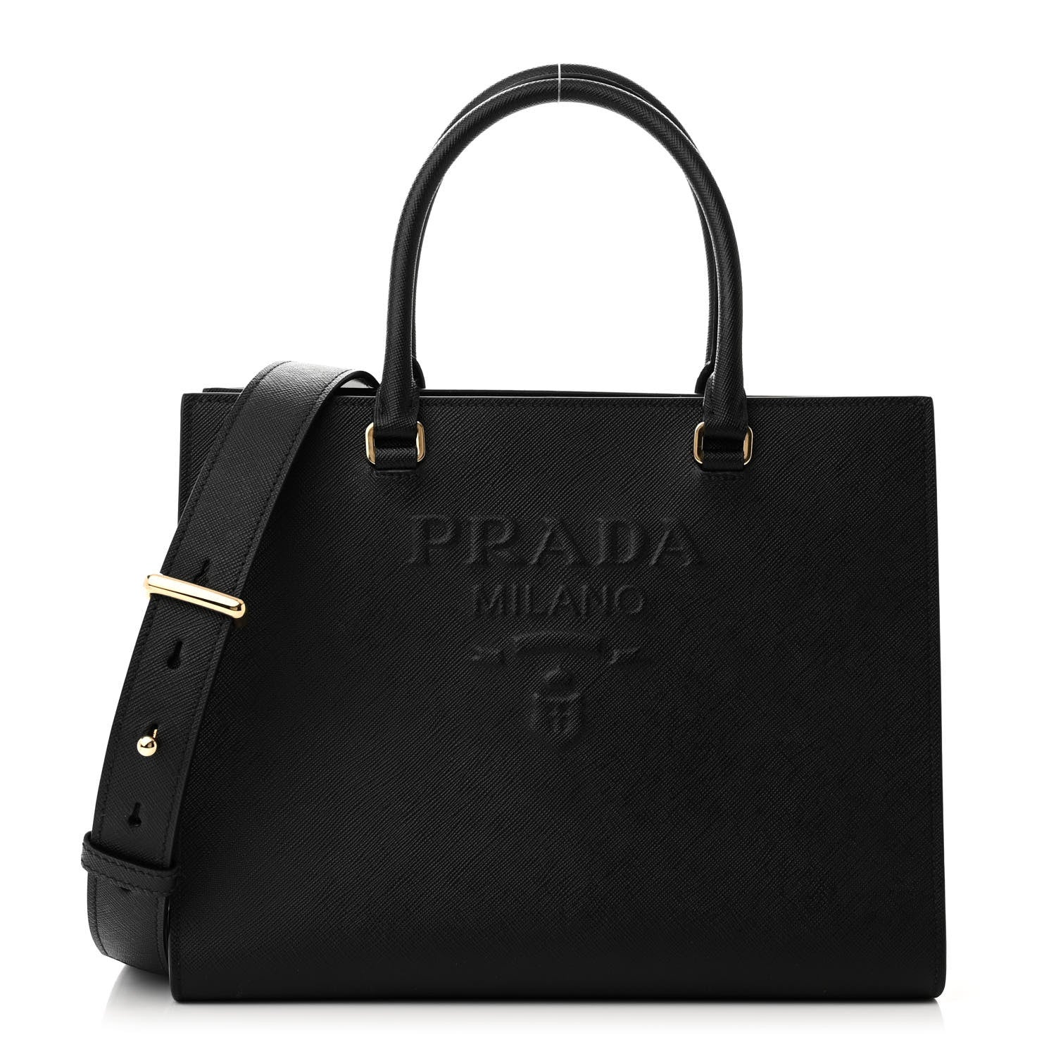 Prada Saffiano Lux Logo Embossed Medium Shoulder Tote Handbag Black 1 of 10