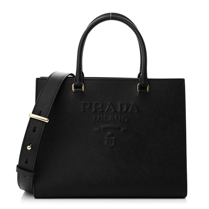 Prada Saffiano Lux Logo Embossed Medium Shoulder Tote Handbag Black 1 of 10