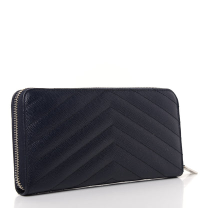 Saint Laurent Grain De Poudre Matelasse Chevron Monogram Zip Around Wallet Deep Marine 3 of 6