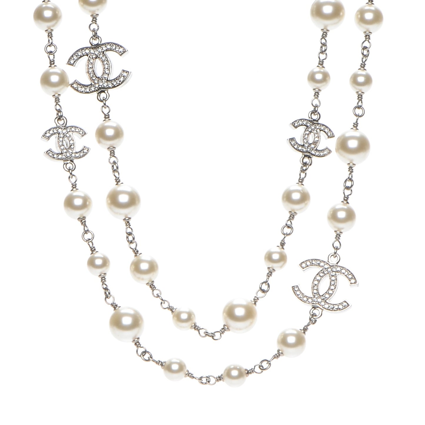 Crystal Pearl CC Long Necklace Silver
