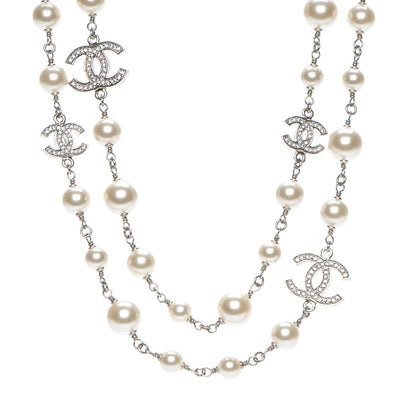 Chanel Crystal Pearl CC Long Necklace Silver 1 of 5