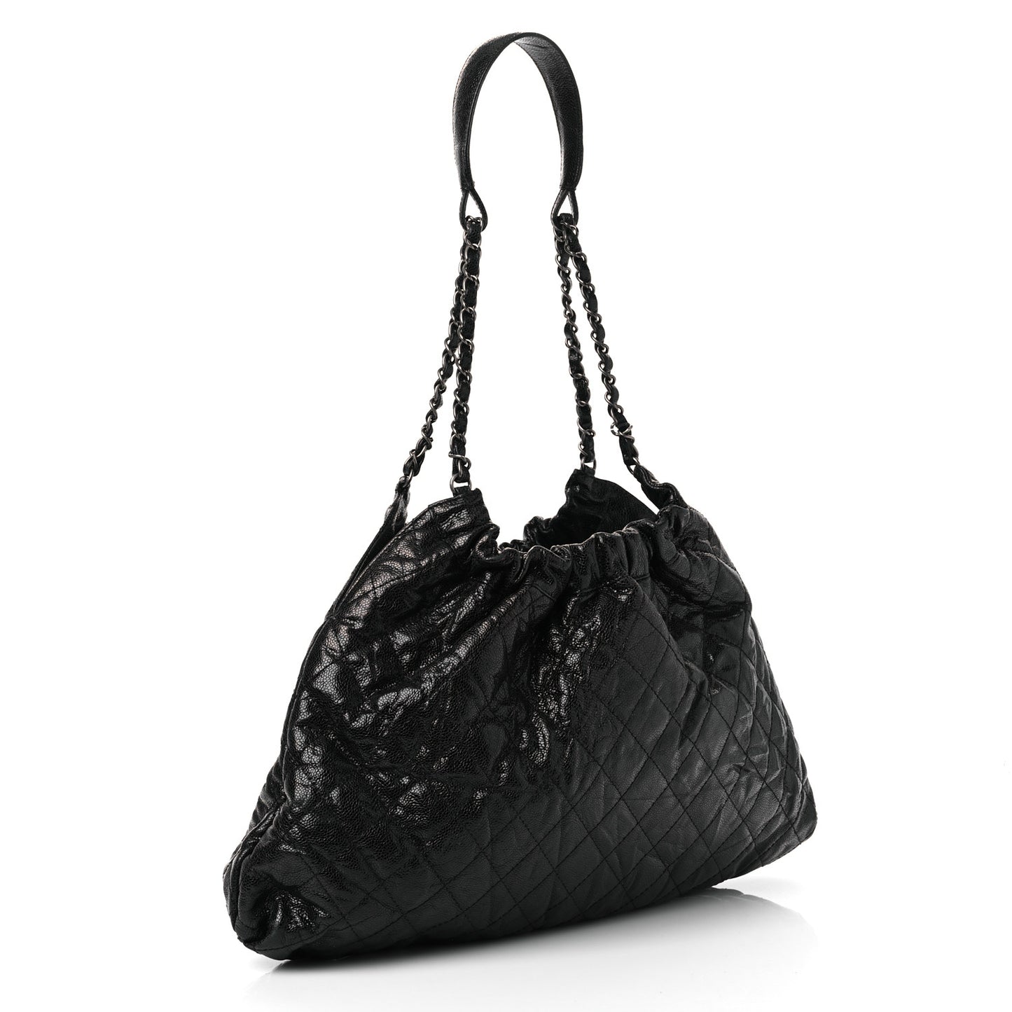 Crumpled Grained Calfskin Quilted Medium Elastic Tote Black