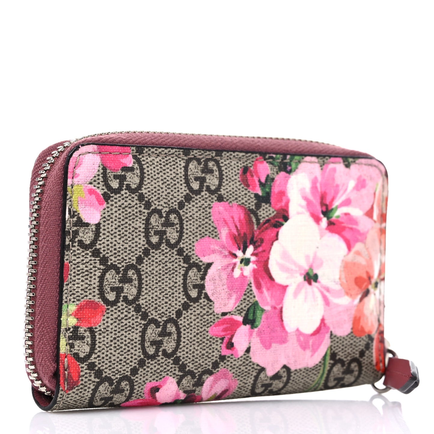 GG Supreme Monogram Blooms Zip Around Card Case Wallet Beige Multicolor Dry Rose