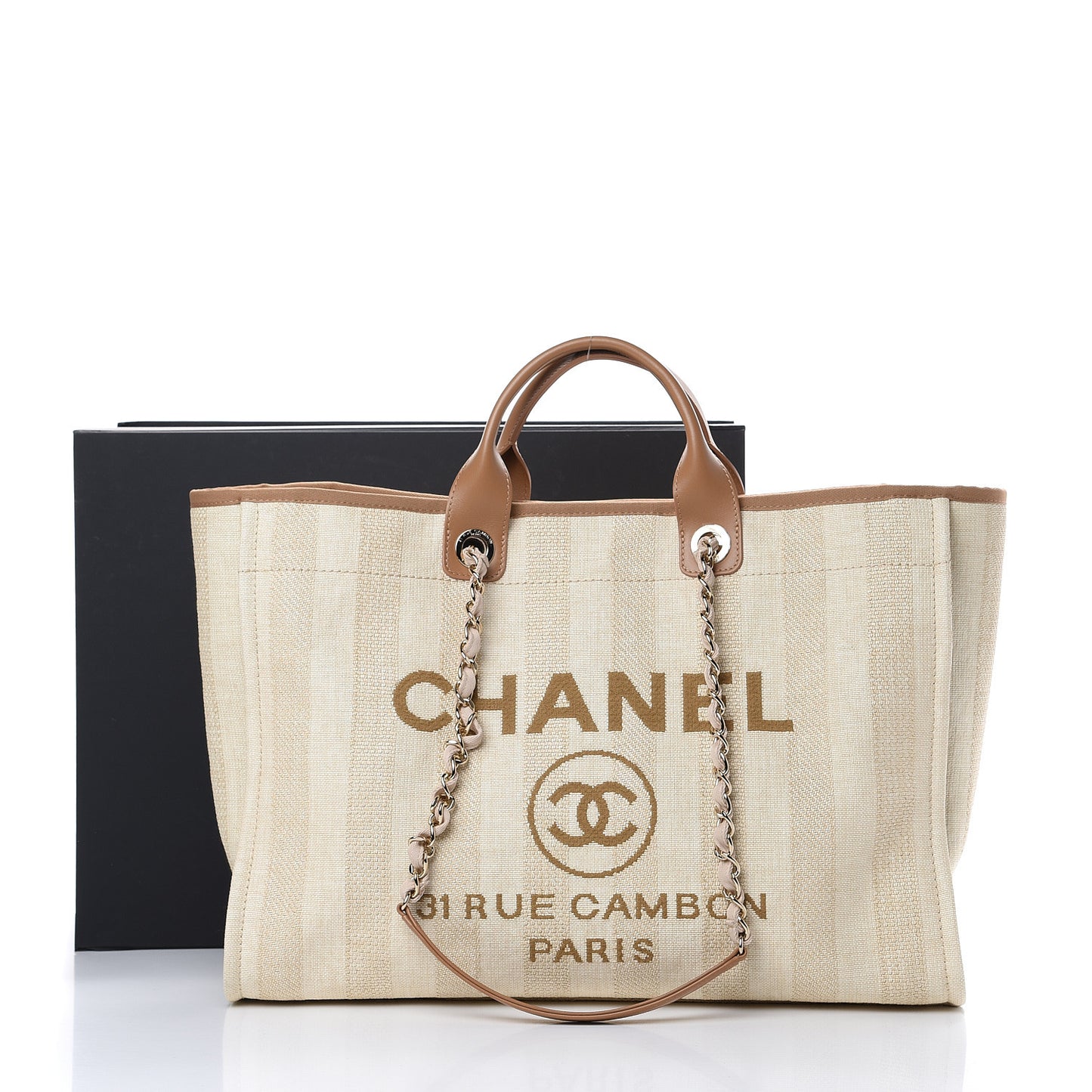 Straw Raffia Calfskin Striped Large Deauville Tote Beige