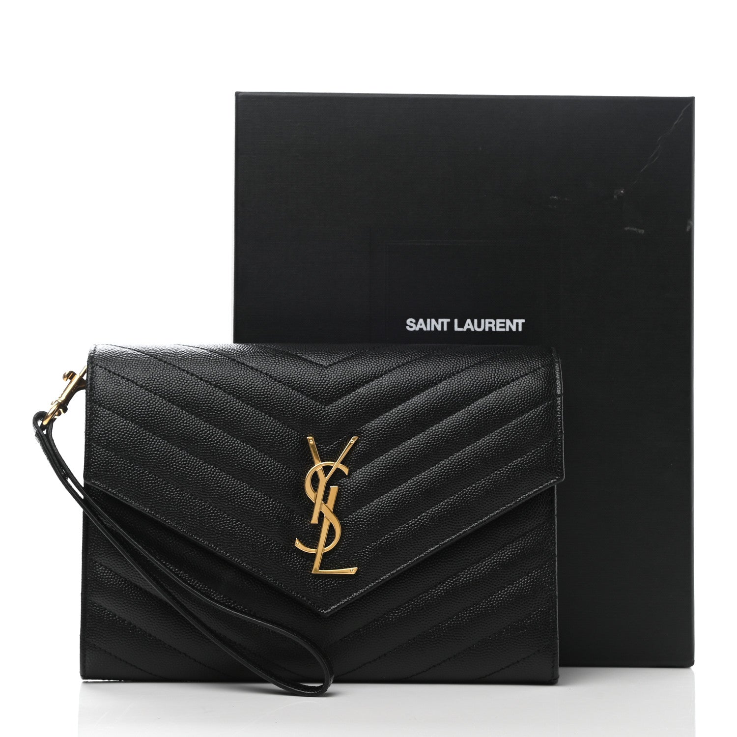 Saint Laurent Grain De Poudre Matelasse Chevron Monogram Envelope Clutch Black 9 of 9