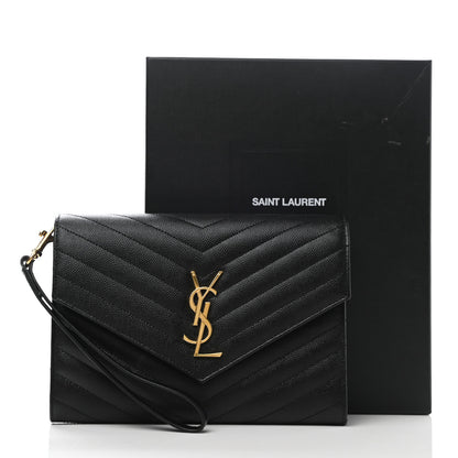 Saint Laurent Grain De Poudre Matelasse Chevron Monogram Envelope Clutch Black 9 of 9