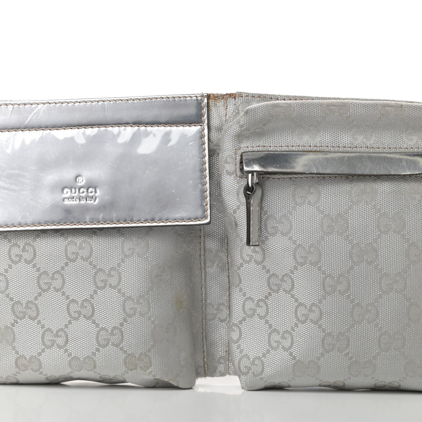 GG Monogram Web Double Pocket Belt Bag Silver