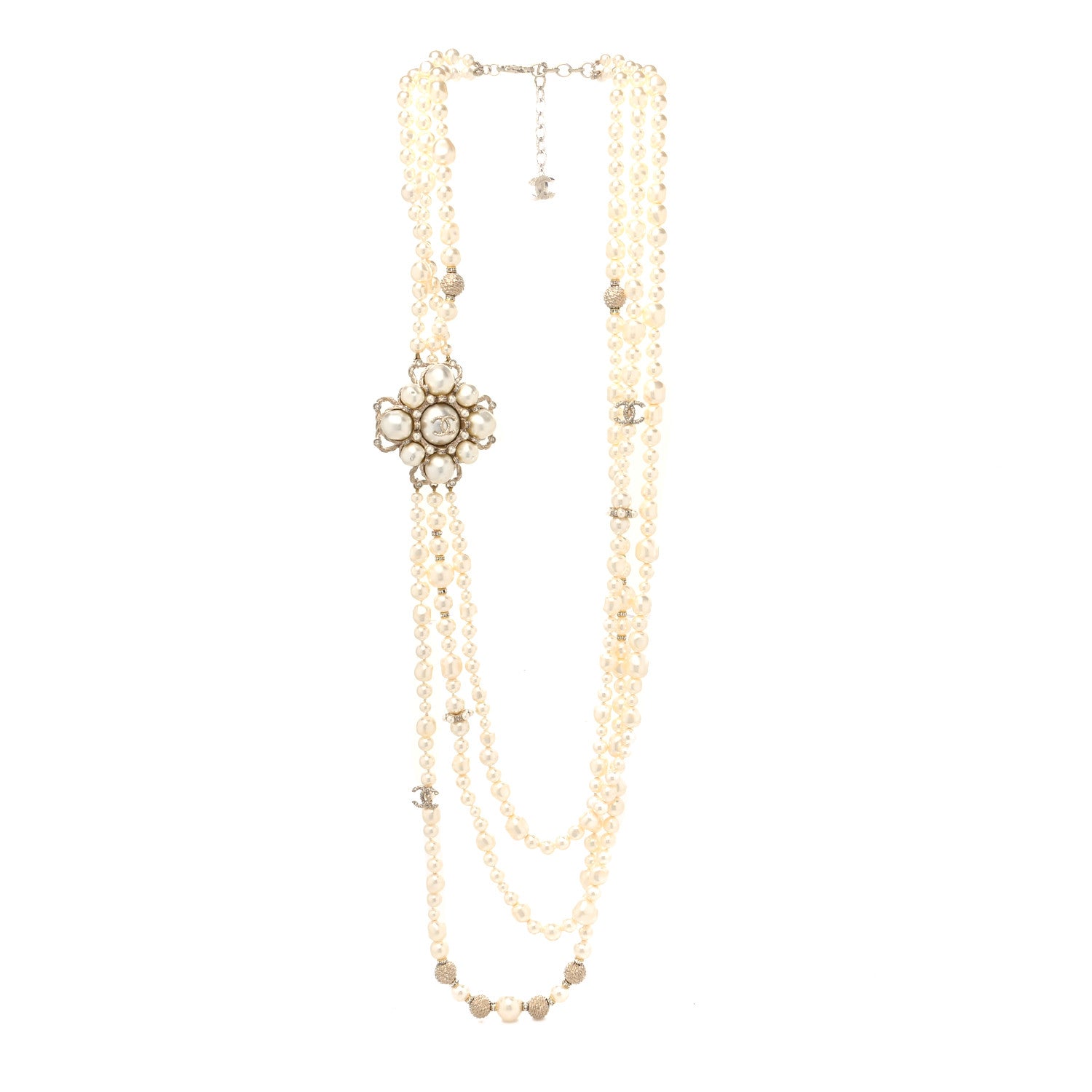 Chanel Pearl Crystal CC Multi Strand Necklace Gold 3 of 5