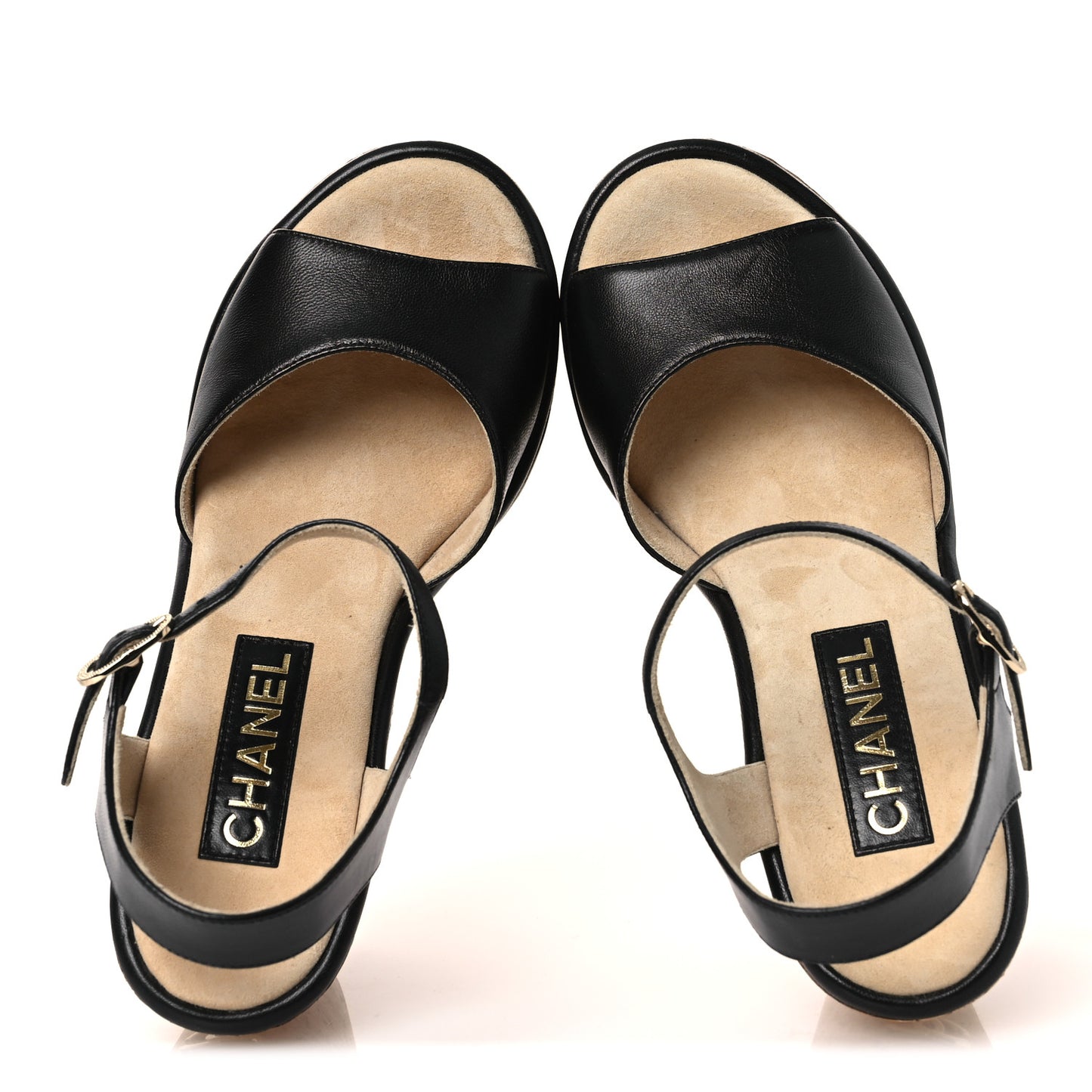 Shiny Lambskin Cork Wedge Sandals 40 Black