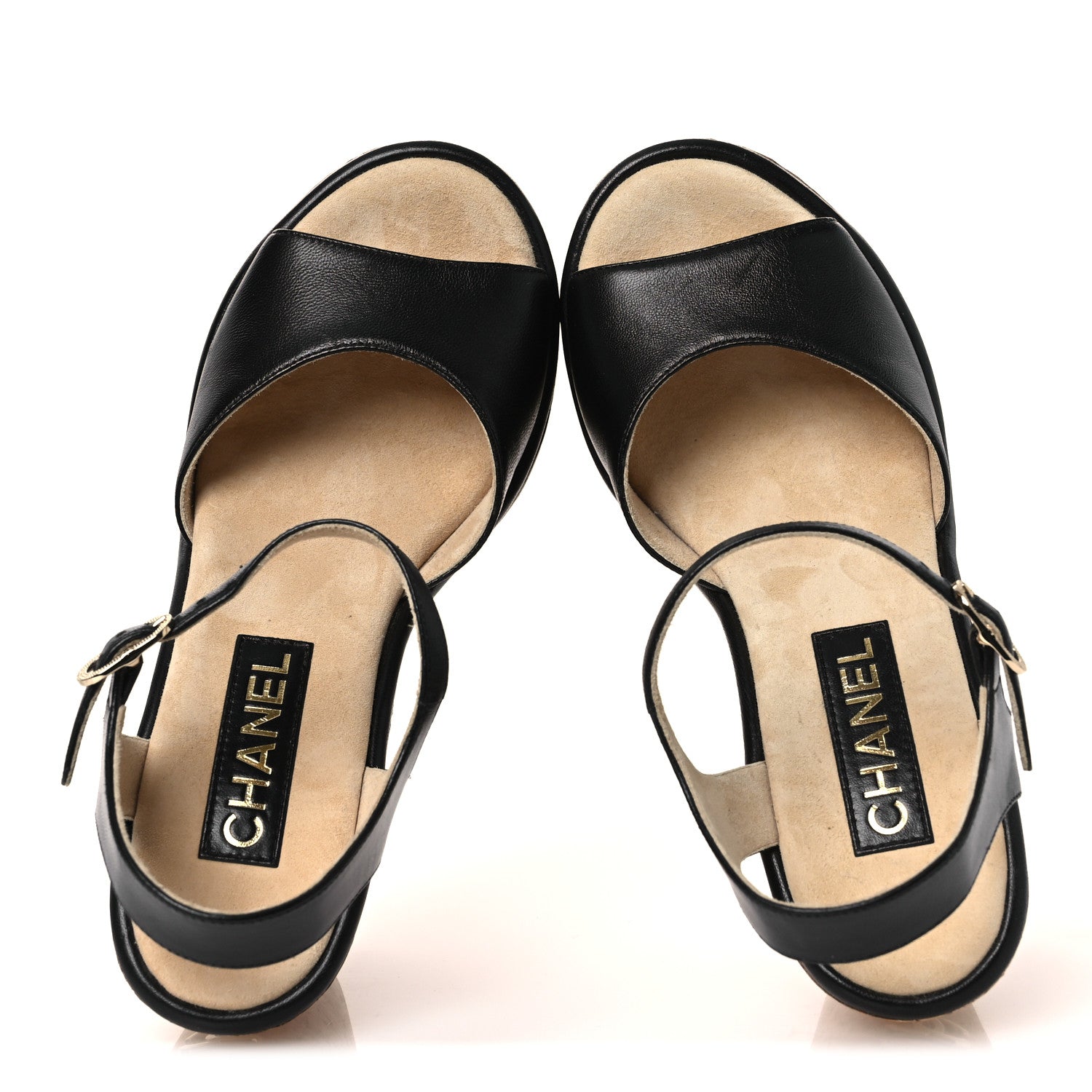 Chanel Shiny Lambskin Cork Wedge Sandals 40 Black 2 of 11
