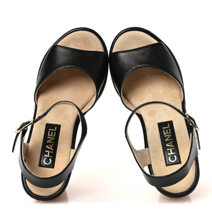 Chanel Shiny Lambskin Cork Wedge Sandals 40 Black 2 of 11