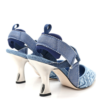 Fendi Fabric Jacquard FF Colibri 85mm Slingback Pumps 36 Blue 5 of 10