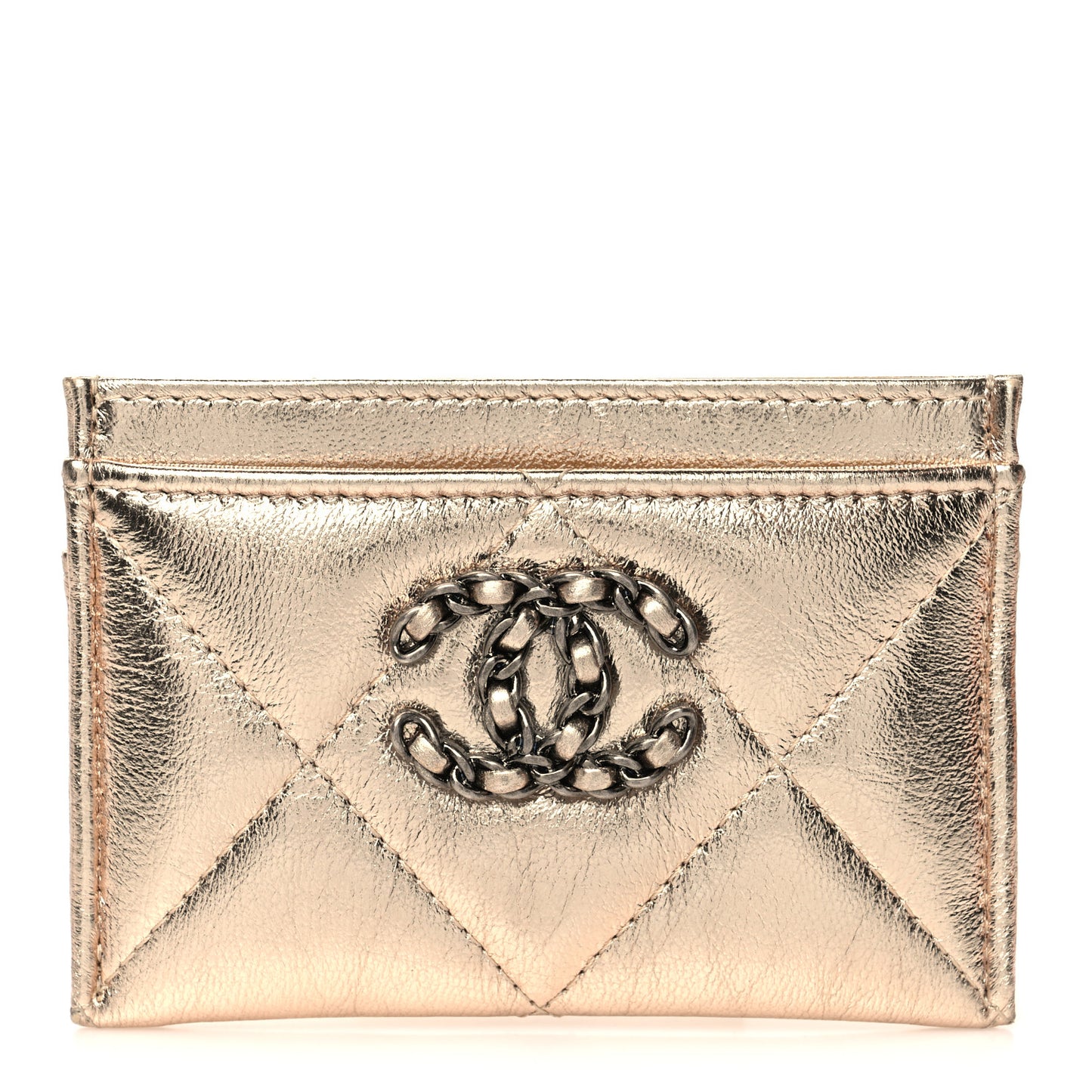 Metallic Lambskin Quilted Chanel 19 Card Holder Gold
