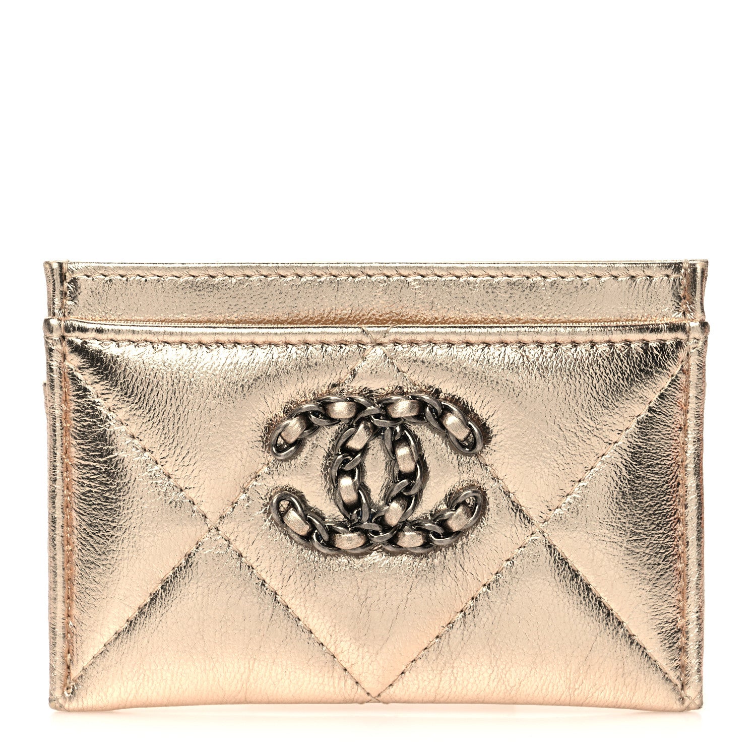 Chanel Metallic Lambskin Quilted Chanel 19 Card Holder Gold 1 of 9