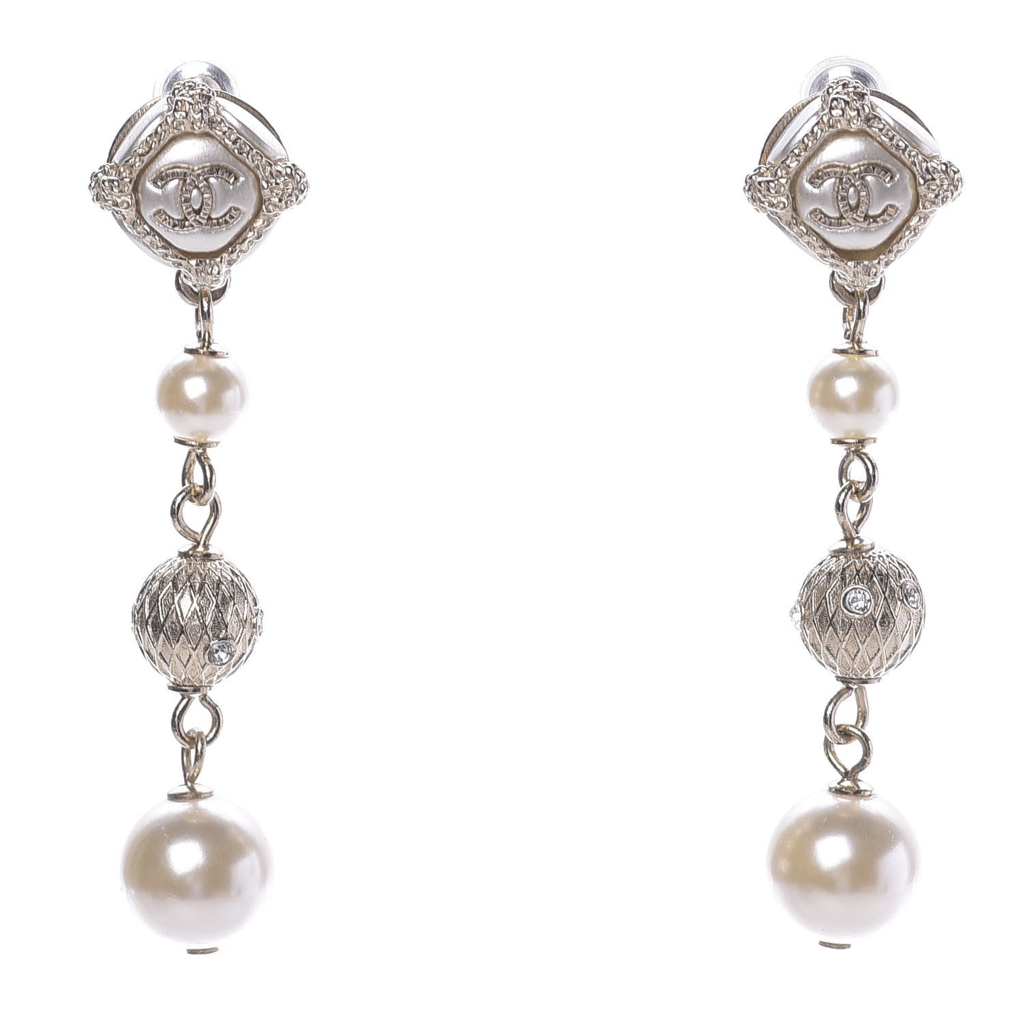 Pearl Crystal CC Drop Earrings Gold
