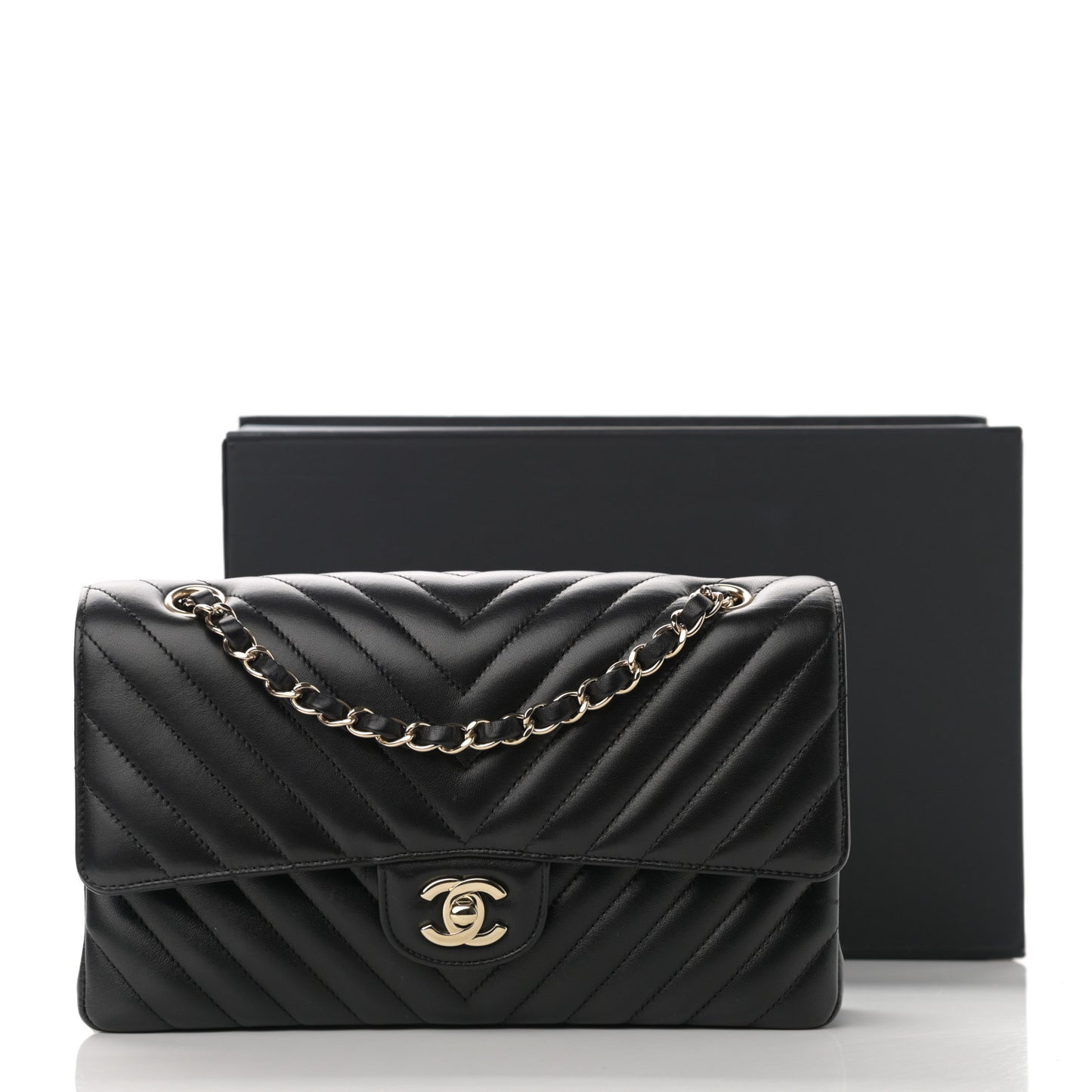 Lambskin Chevron Quilted Medium Double Flap Black