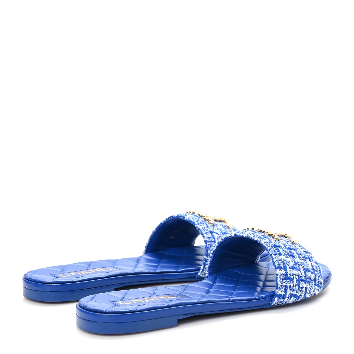 Chanel Cotton Tweed Chain CC Mule Sandals 38.5 Blue White 5 of 10