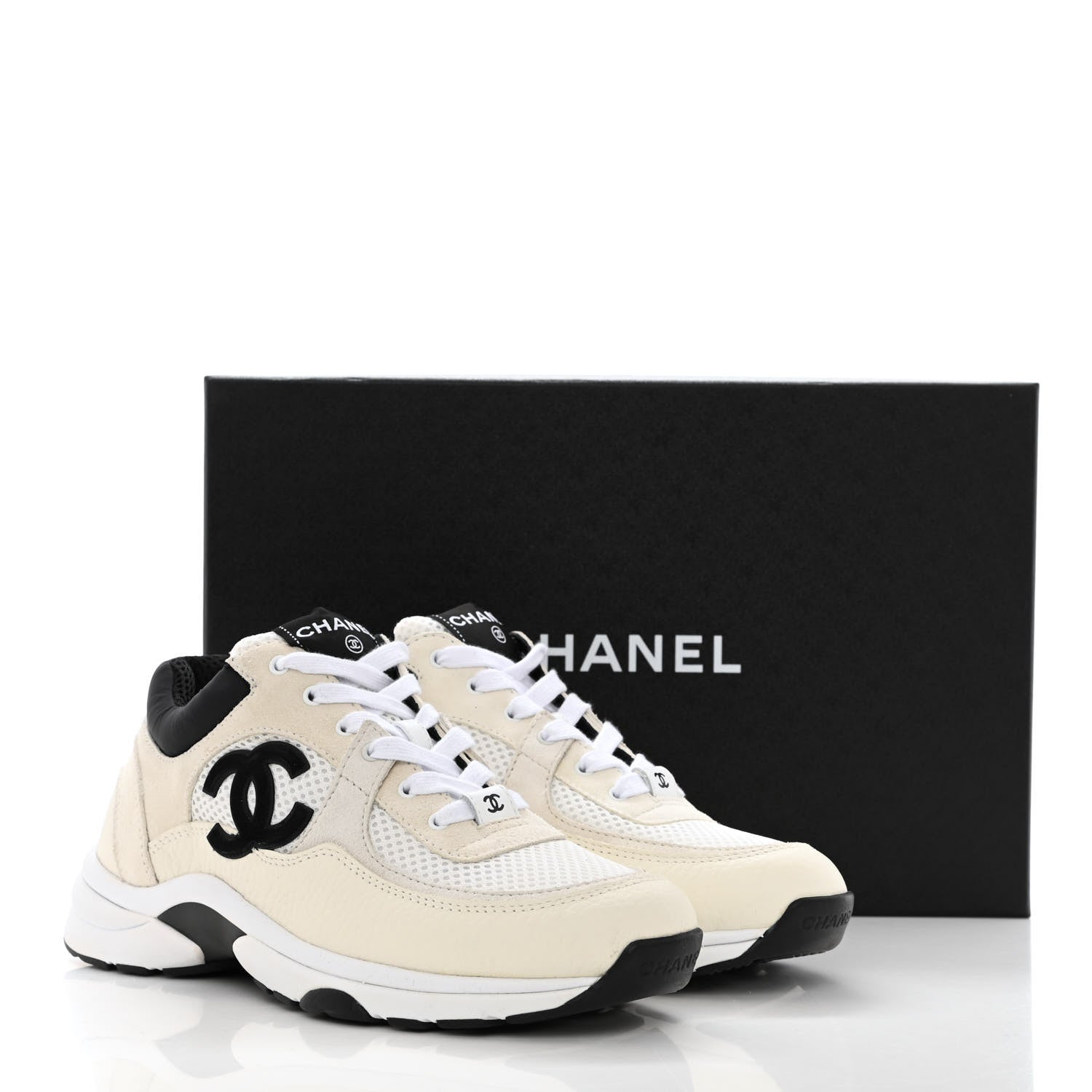 Chanel Mesh Suede Calfskin Grained Calfskin Womens CC Sneakers 37.5 White Black 10 of 10