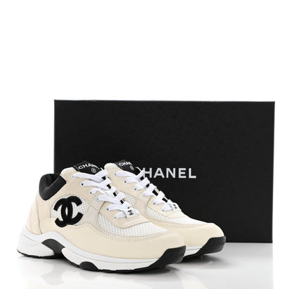 Chanel Mesh Suede Calfskin Grained Calfskin Womens CC Sneakers 37.5 White Black 10 of 10