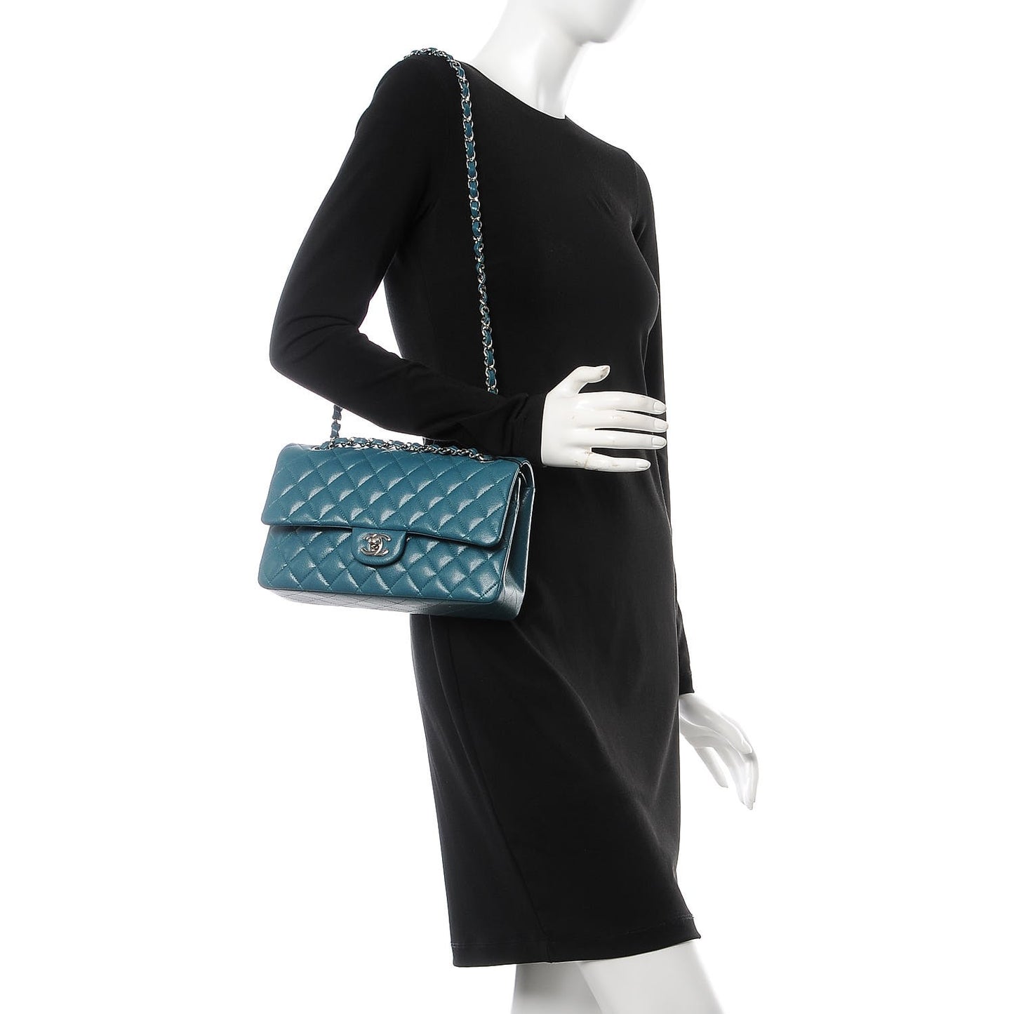 Caviar Quilted Medium Double Flap Dark Turquoise