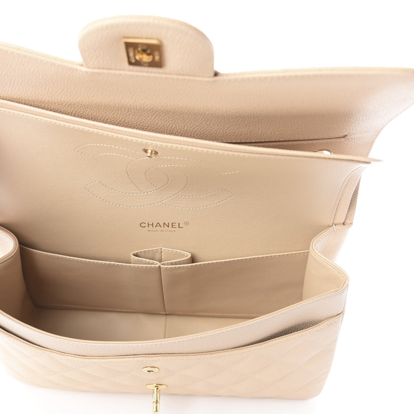 Caviar Quilted Jumbo Double Flap Light Beige