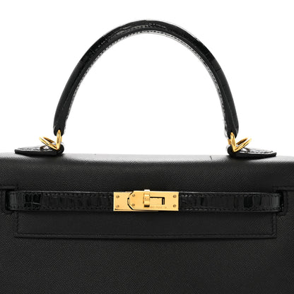 Hermes Madame Calfskin Shiny Niloticus Crocodile Kelly Sellier Touch 25 Black 8 of 12