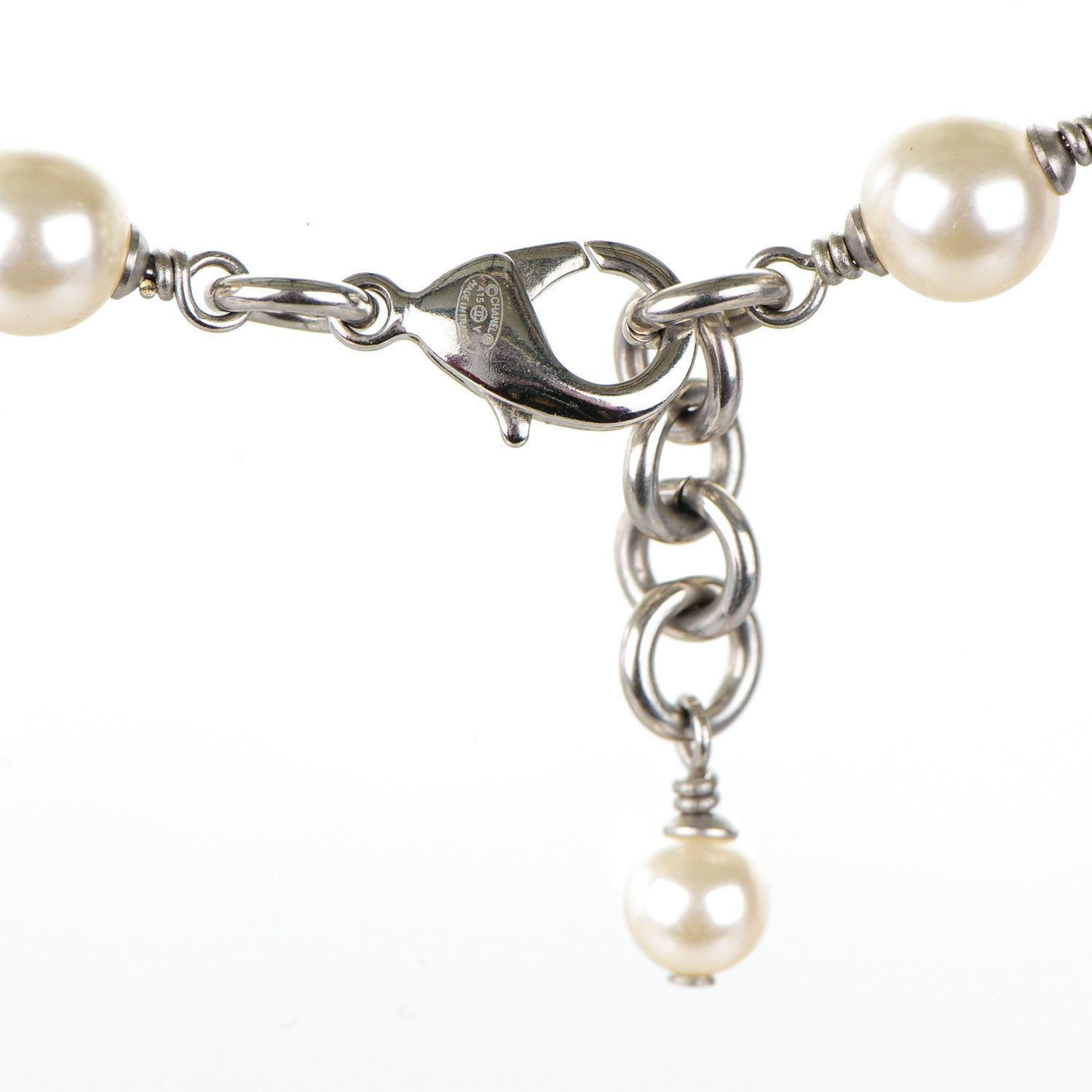 Chanel Crystal Pearl CC Long Necklace Silver 4 of 4