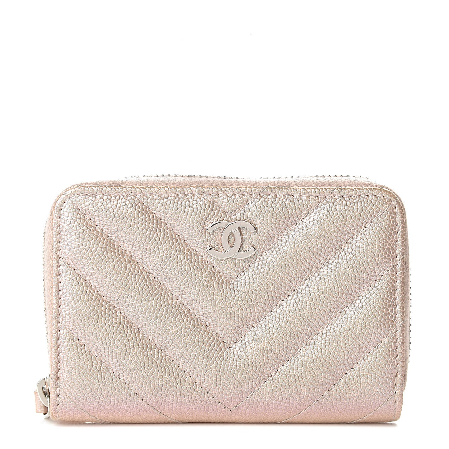 Metallic Caviar Chevron Quilted Zip Around Coin Purse Light Gold