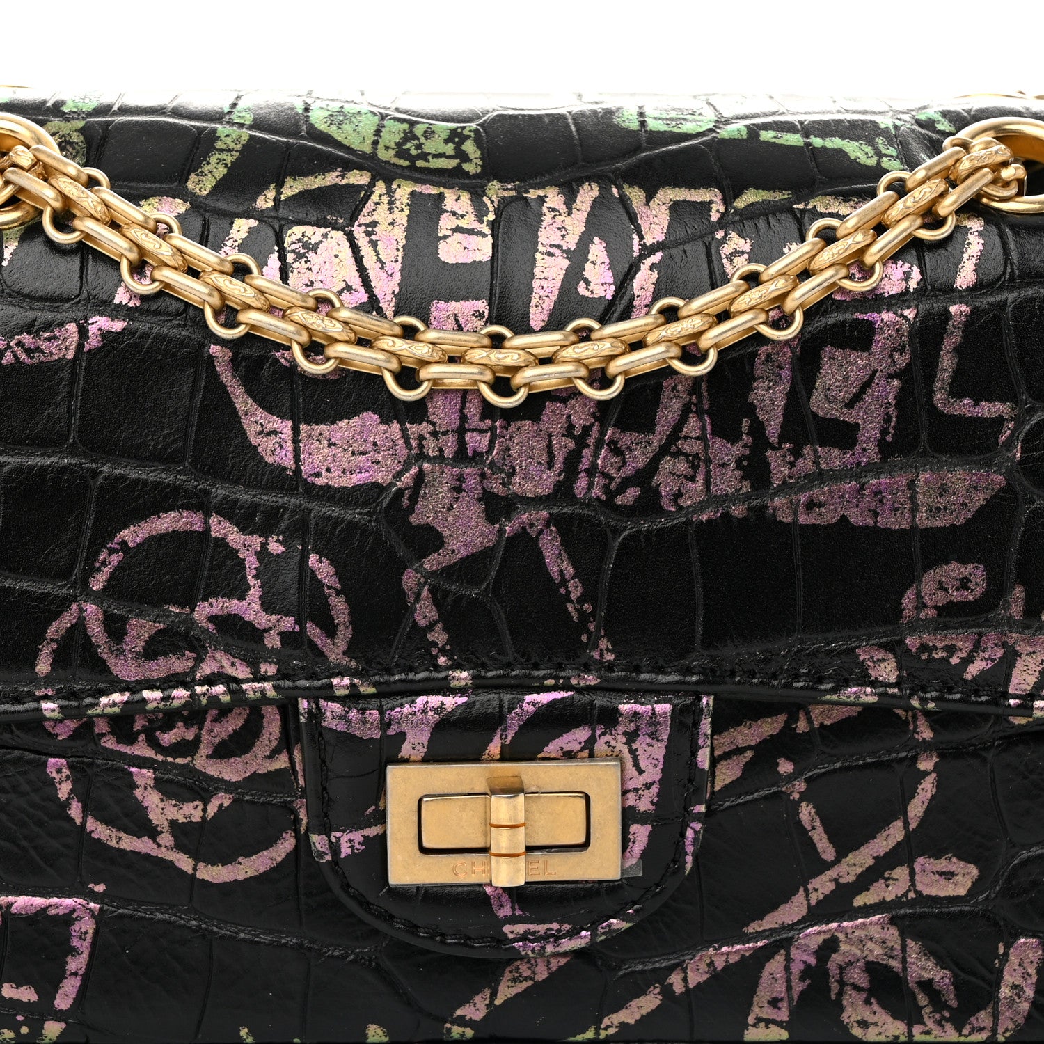 Chanel Calfskin Crocodile Embossed Graffiti 2.55 Mini Cocodile Reissue Flap Black Pink 8 of 10