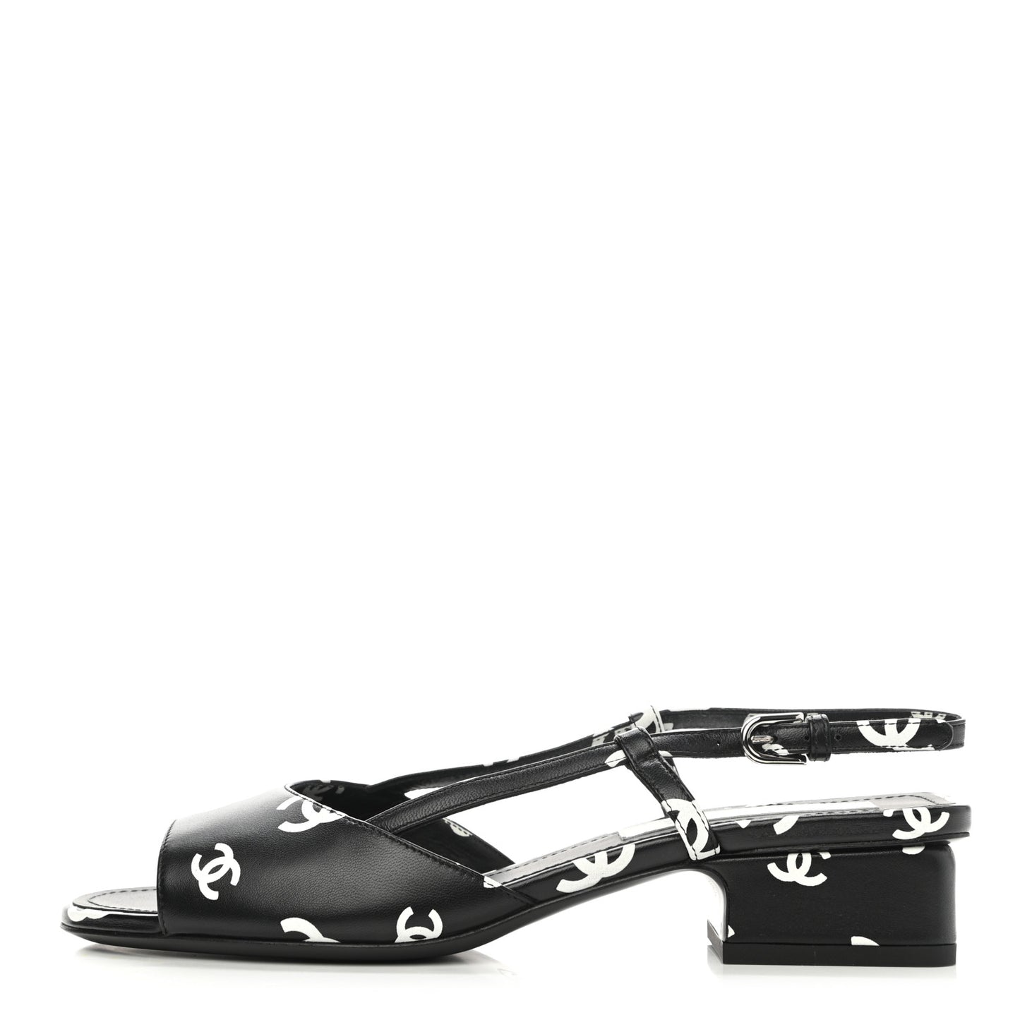 Printed Lambskin CC Slingback Sandals 37.5 Black White