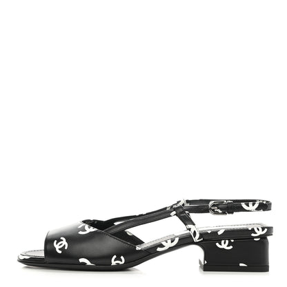 Chanel Printed Lambskin CC Slingback Sandals 37.5 Black White 1 of 9
