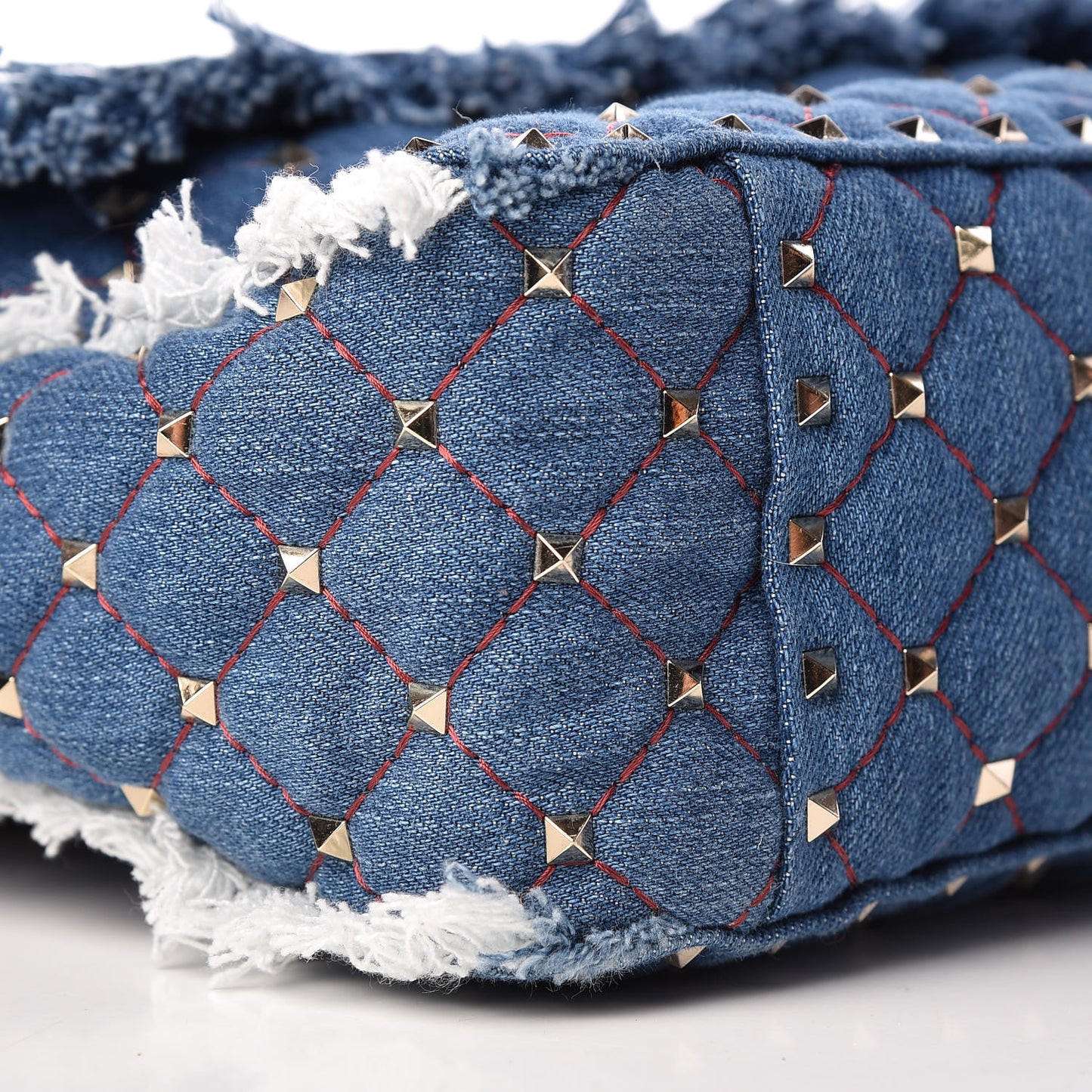 Denim Fringe Maxi Rockstud Spike Shoulder Bag Blue