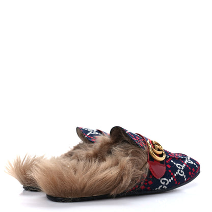 Gucci Canvas GG Monogram Diamond Fur Web GG Mens Princetown Slippers 8 Midnight Blue Hibiscus Red 4 of 7